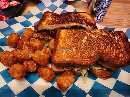 "Baby Q" chick'n sandwich with tater tots at Big Kids - Food Stall in Chicago
