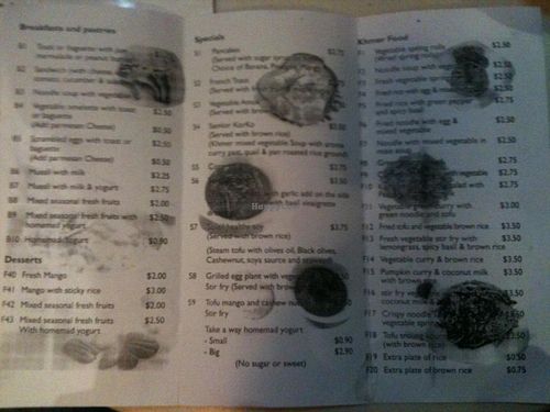 Menu at Cafe Soleil in Phnom Penh
