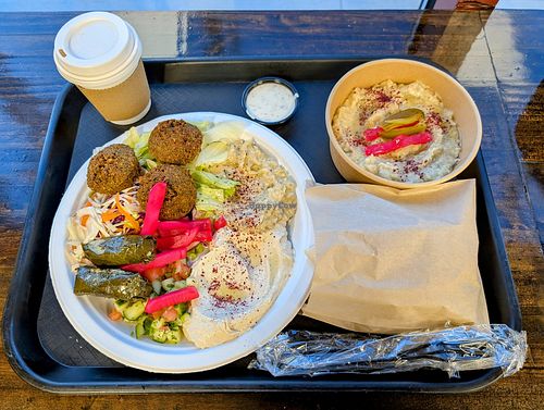 Vegan Mediterranean Plate and Baba Ganush at Dubai Grill in Urbana