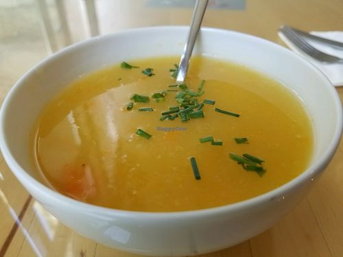 cream of vegetable vegan soup at Quintal Bioshop in Porto
