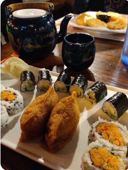 Bean Curd Sushi, Sweet Potato Maki and Avocado Maki with Green Tea at Toki Hibachi and Sushi in Decatur