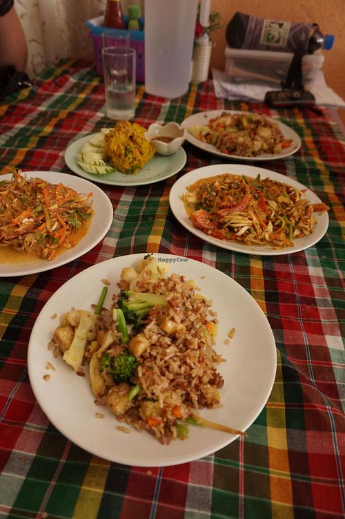 Lovely food made at the cooking class with On! Banana flower salad, fried rice with pineapple and pumpkin hummus at On's Thai Isaan in Kanchanaburi