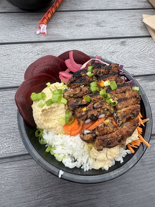 Rice bowl with veggie patty   at Bonsai Brewing Project in Whitefish
