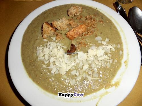 Creamy soup of eggplant with crostini and almond (6 €) at Il Vegetariano in Florence