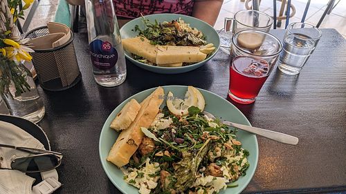 Roasted cauliflower salad with vegan toast. A glass of delicious kombucha /berry tea as well. at Grumpy Mamas in Monchique