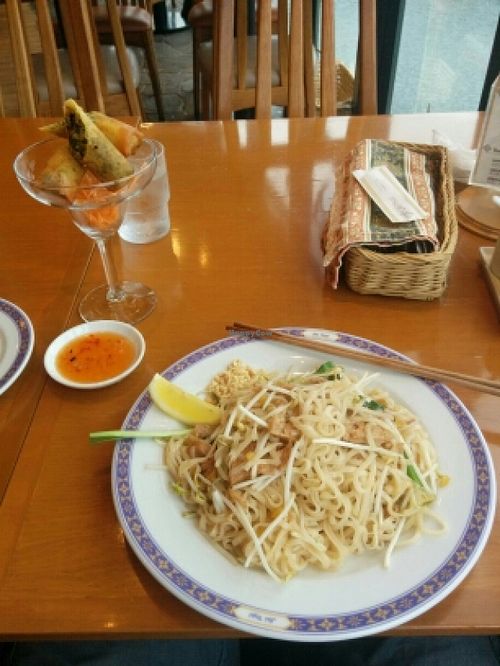 Vegan Pad Thai (#74 Phat Thai) and Veg spring rolls at Jai Thai in Chatan
