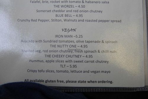Vegan options on the sandwich menu at Roots Cafe in Taunton