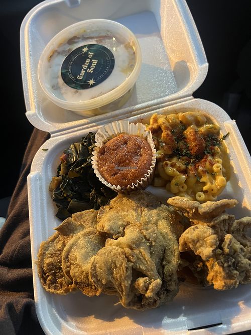 Soul plate  Entree includes our southern smoked collard greens, one of a kind macaroni and cheese recipe, fried oyster mushrooms and sweet potato cornbread  at Garden of Soul in Bedford