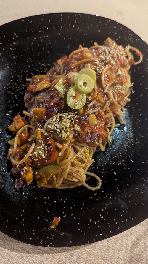 Vegan Spaghetti at Inti Garden in Puerto Baquerizo Moreno