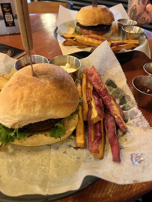 2 beetroot/bean vegan burgers  at Monteverde Brewing Company in Monteverde