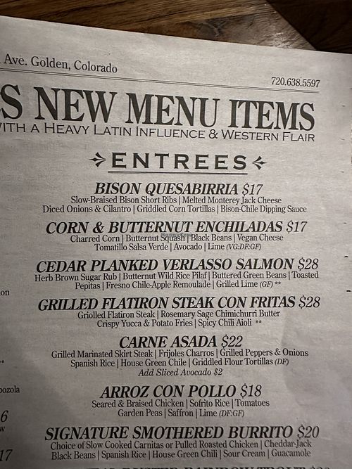 updated vegan options  at Buffalo Rose in Golden