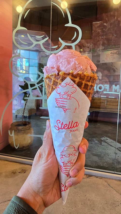Split single in vegan, gluten-free cone at Stella Jean's Ice Cream in Costa Mesa