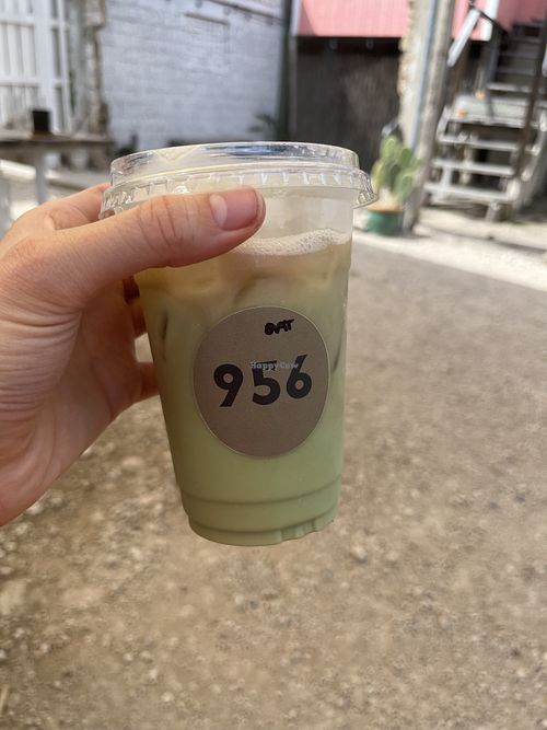 Tropical matcha (matcha and guava) with oat milk  at Bandera Coffee Co in Harlingen