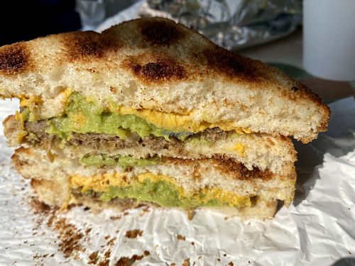 Vegan breakfast sandwich- toast, beyond sausage, vegan cheese, avocado    at GiraKofi in Stowe