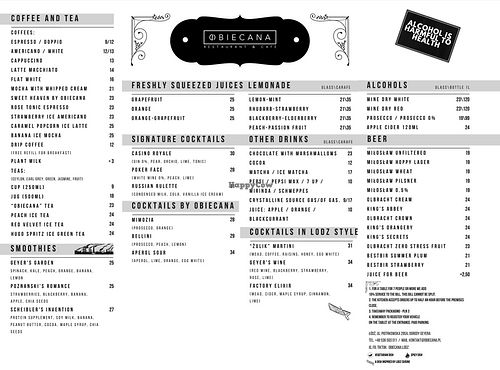 Menu at Obiecana Cafe in Lodz