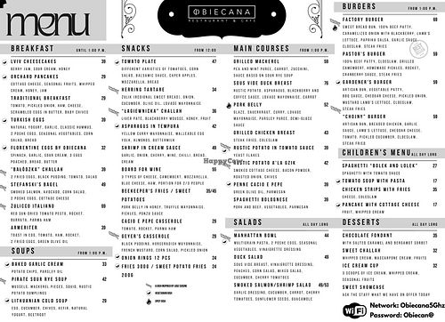 Menu at Obiecana Cafe in Lodz