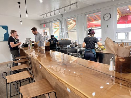 Love the Black Locust live edge bar.  at MAZU in Yellow Springs