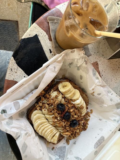 Vanilla latte with oat milk & almond butter toast (make sure to ask for no honey to make vegan)  at Don Bonito Hotel in Sayulita