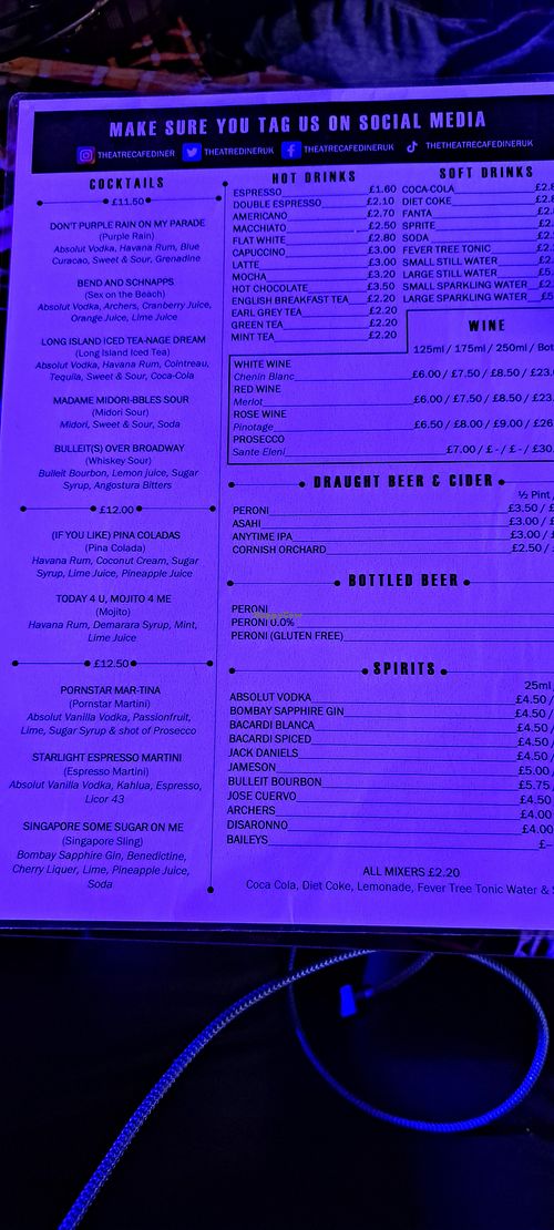 Drinks menu (March 2023) at The Theatre Cafe Diner in London