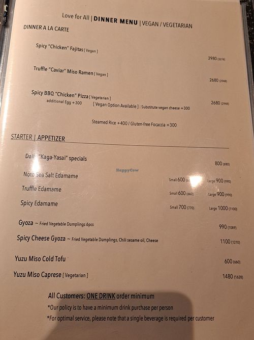 Dinner menu at Love For All in Kanazawa