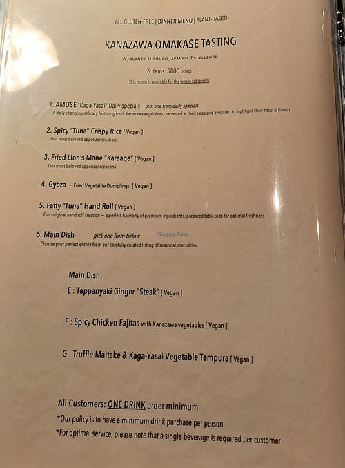 Dinner menu at Love For All in Kanazawa