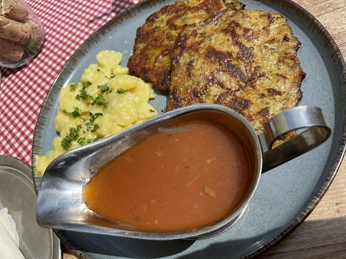 Vegan gemüsekuchen (veggie pancakes) with added gravy   at Restaurant Café Zeis in Bamberg