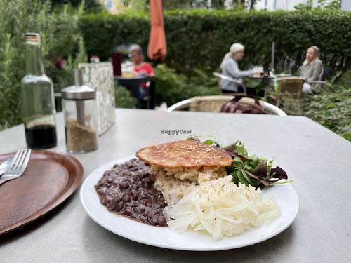 Brown rice, adzuki beans, cabbage and salad as main  at Fröhlicher Reisball Naturkost & Makrobiotik in Hamburg