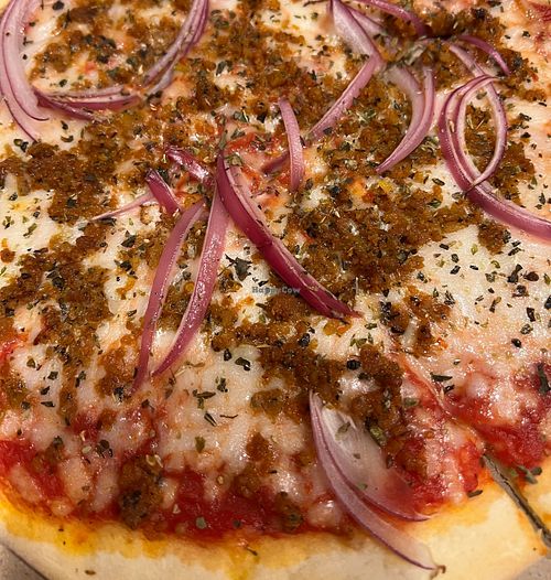  Vegan Italian sausage pizza with red onions at Pizza Donisi in Louisville