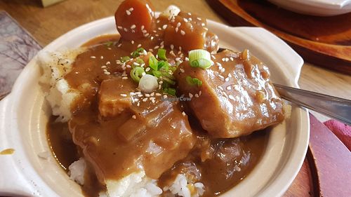 Baked tofu katsu curry with rice at Bento in Leeds