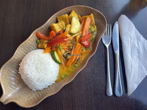 “Exotic” vegetables & tofu with Mango sauce - quite sweet but tasty  at Asia Nativ in Hannover