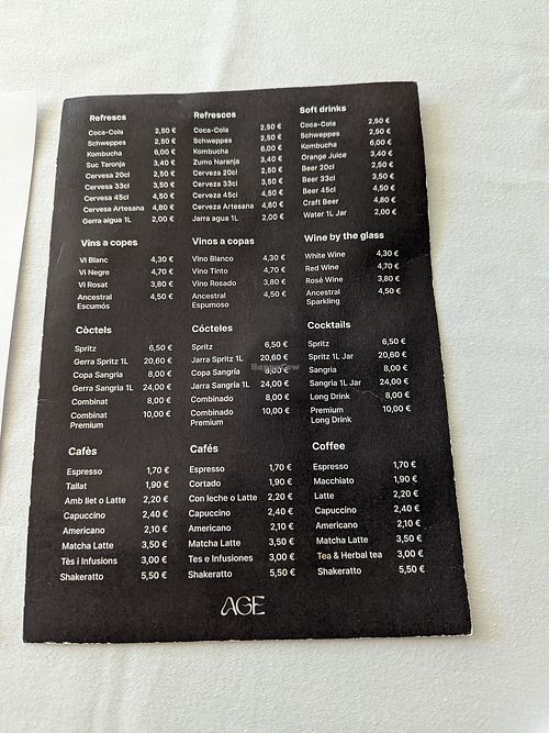 Drinks menu at Age of Aquarius in Barcelona