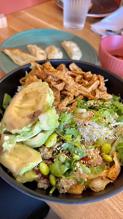 Bowl with inari & avocado + veggie dumplings.  at Miss Bowl in Helsinki