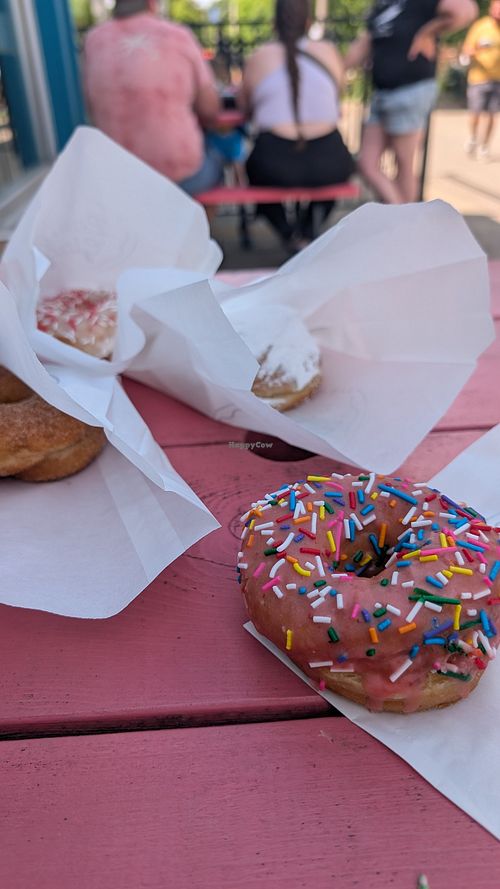 Homer donut, cinnamon sugar donut, vanilla glaze donut, and raspberry filled donut at Lady Glaze Doughnuts in Guelph