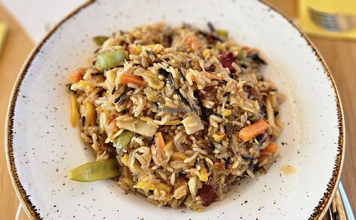 Wok dish with vegetables, rice, and glass noodles at Bergbahnen Rosshütte in Seefeld In Tirol