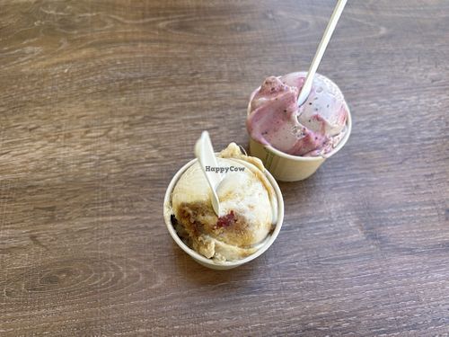 Vegan oat milk pineapple inside down cake flavour; and vegan hibiscus flavourr  at Kuld Creamery  in East Fremantle