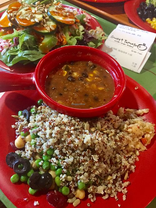 My own salad bar mix of quinoa, peas, corn, beans, garbanzos, & vegan chili. at Sweet Tomatoes in Mountain View