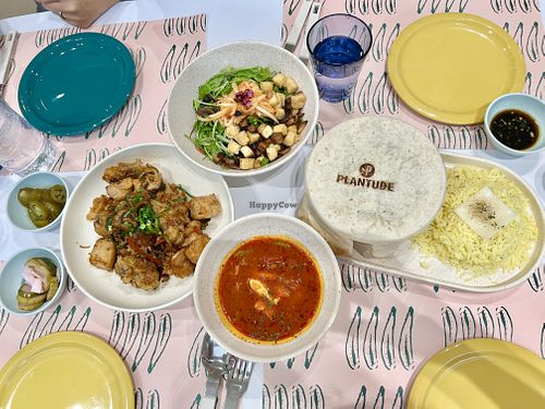 Set meal for 2: tofu crumble bibimbap, soft tofu in hell, baked dough soup curry, and pickle on the side.   at Plantude - I'Park Mall Yongsan in Seoul