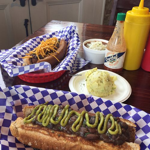 Vegan Chili Dogs, one with vegan cheese and one with avocado  at Dreamy Weenies in New Orleans