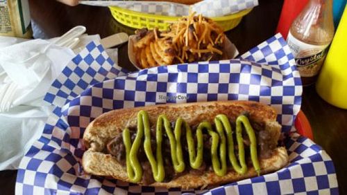 Vegan dog, chili, avocado, and vegan chili cheese fries! at Dreamy Weenies in New Orleans