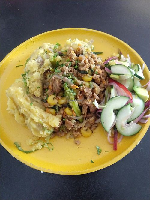 Mashed potatoes, salad, mix of soy protein and veggies at María Candela  in Bogota
