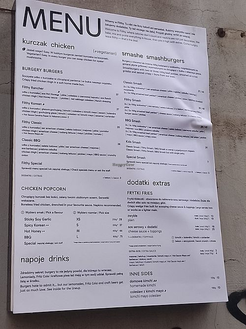 Street menu at Filthy  in Krakow
