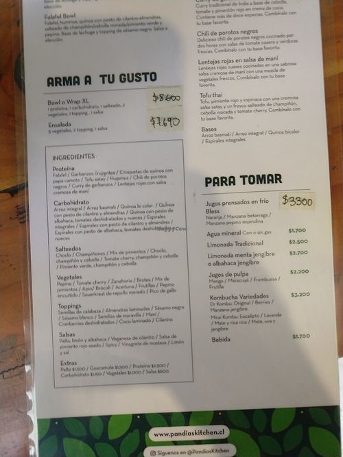 Menu at Pandia's Kitchen in Santiago