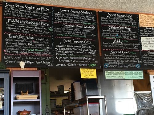 Photo of some of the menu. There are more food choices and a huge coffee/tea menu at Green Salmon Coffee and Tea House in Yachats