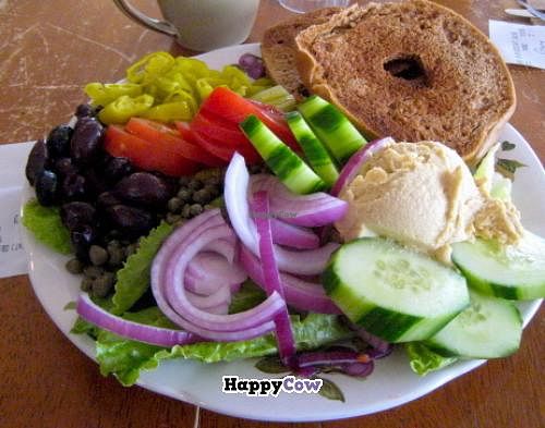 Breakfast bagel plate with veggies at Green Salmon Coffee and Tea House in Yachats