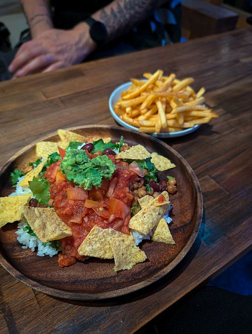 Vegan rice bowl with chili beans and fries at Upper Yard Aoshima in Miyazaki