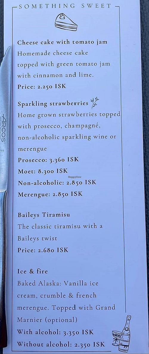 dessert menu showing a vegan option at Friðheimar in Selfoss