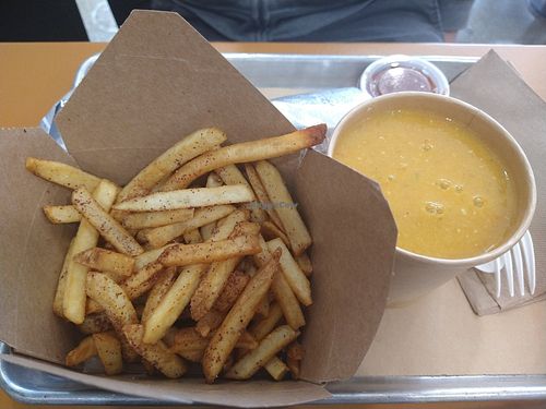 Red lentil soup and fries at Sephardic Sisters in Chicago