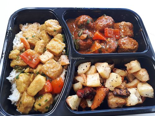 Vegan (soy) 'chicken' stirfry and rice, vegan (soy) meatballs, roast root vegetables at Coffee Station in Ramat Gan