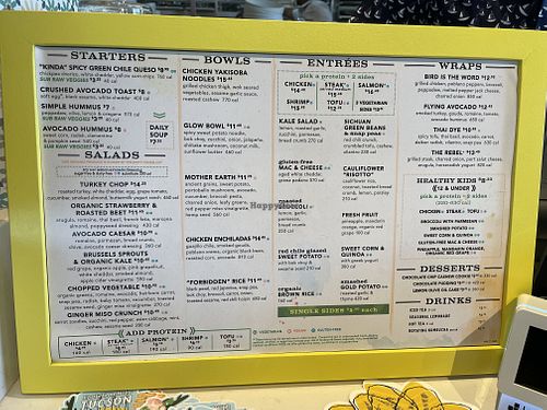 Vegan options are clearly identified on the menu by an orange symbol (small circle with a line through it).   at Flower Child in Tucson