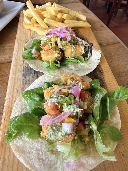 Tofu Tacos with fries   at Round House in Bathsheba